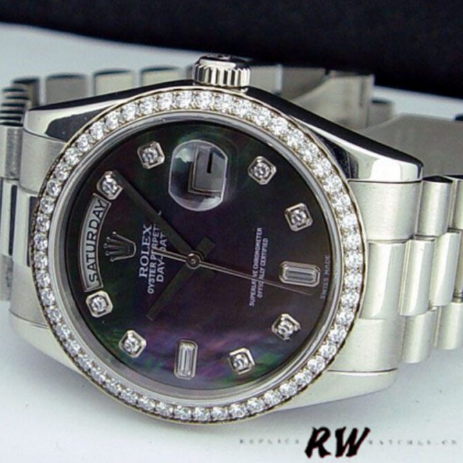 Replica Rolex Day Date 118346 Black MOP Dial Platinum 36mm Unisex Watch