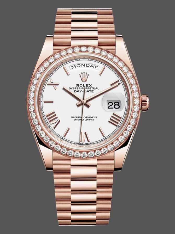 Replica Rolex Day-Date 228348RBR Champagne Roman Dial Diamond Bezel 40mm Mens Watch