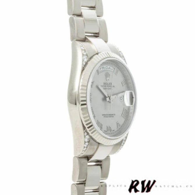 Replica Rolex Day Date 118339 White Gold white Dial Fluted Bezel 36mm Unisex Watch