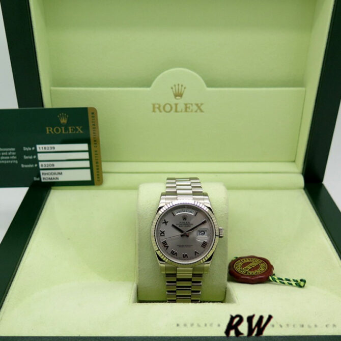 Replica Rolex Day-Date 118239 Rhodium Roman Dial white gold 36mm Unisex Watch