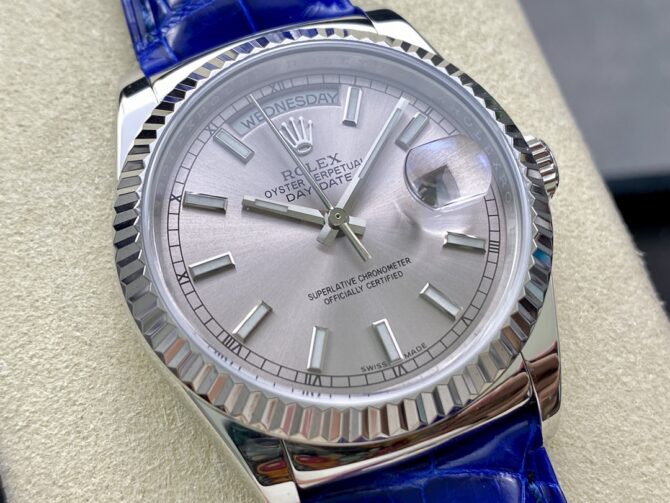 Replica Rolex Day Date 36 White Gold Silver Dial 118139 0097 Blue Leather Strap