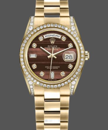 Replica Rolex Day-Date 118388 Yellow Gold Bull's Eye Brown Dial 36mm Unisex Watch