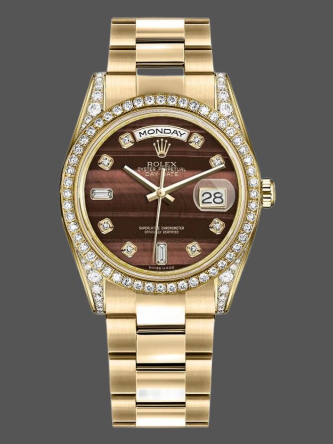 Replica Rolex Day-Date 118388 Yellow Gold Bull's Eye Brown Dial 36mm Unisex Watch
