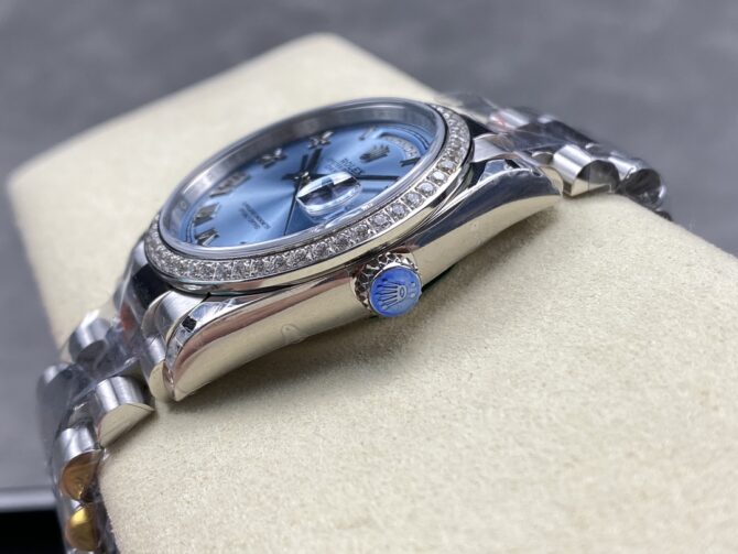 Replica Rolex Day Date 36 Diamond Bezel Ice Blue Roman Dial m128396tbr 0019