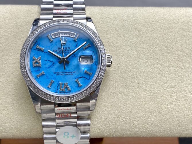 Replica Rolex Day Date 36 Platinum Turquoise Diamond-Set Roman Dial Diamond Bezel m128396tbr 0016