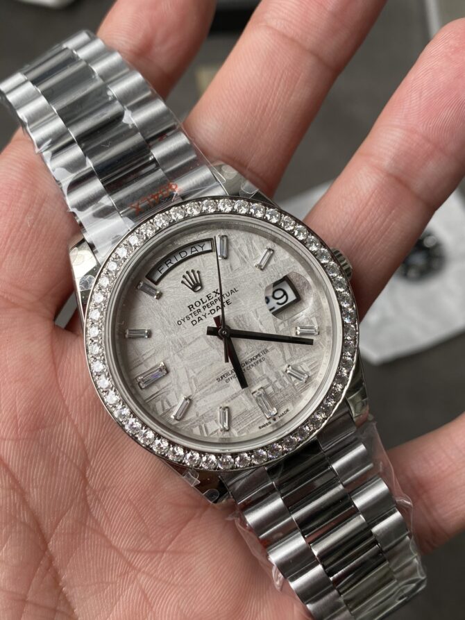 Replica Rolex Day-Date 228349RBR Meteorite Dial Diamond Bezel 40mm Mens Watch