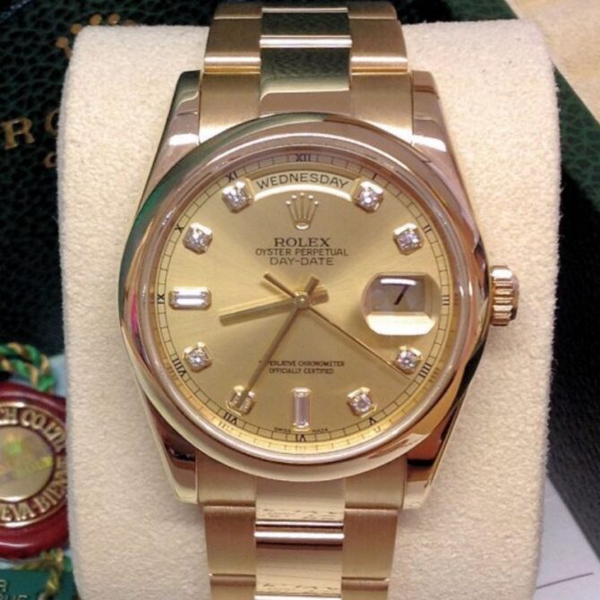 Replica Rolex Day-Date 118208 Champagne Diamond Dial 36mm Unisex Watch
