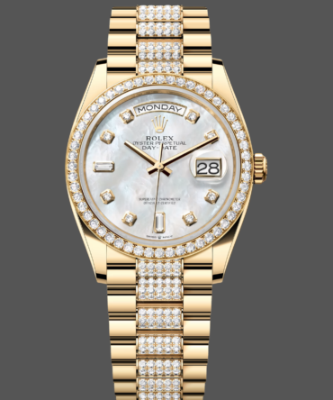 Replica Rolex Day Date 36 Yellow Gold Diamond Bezel MOP Dial m128348rbr 0019