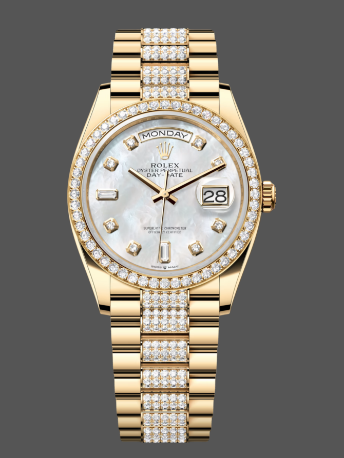 Replica Rolex Day Date 36 Yellow Gold Diamond Bezel MOP Dial m128348rbr 0019