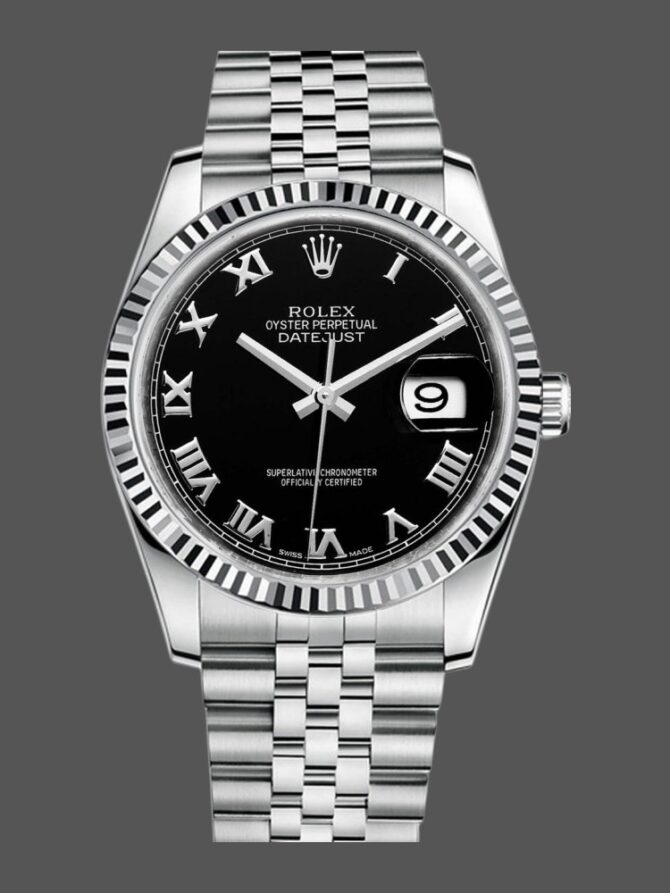 776234 Stainless Steel Fluted Bezel Black Roman Dial 36mm Mens Replica Watch
