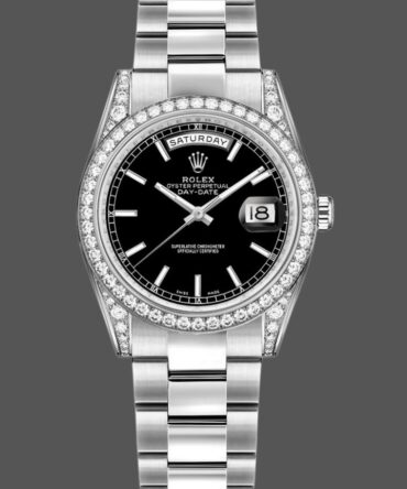 Replica Rolex Day-Date 118389 Diamond Bezel Black Index Dial 36MM Unisex Watch