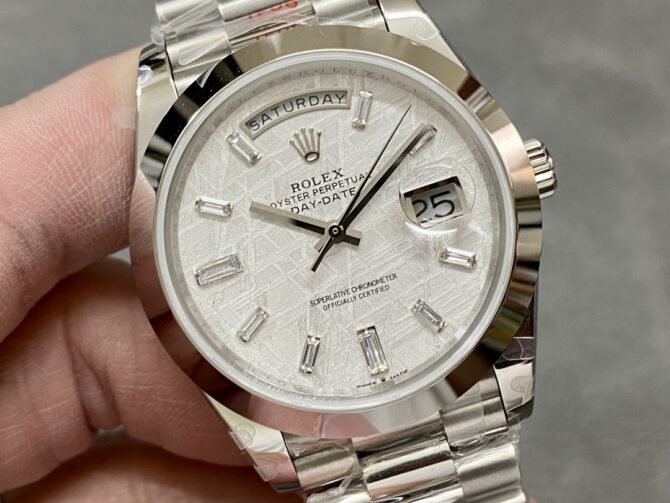 Replica Rolex Day-Date 40mm Platinum Meteorite Baguette 228206 0036 Men's Watch