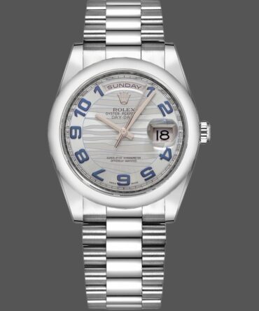 Replica Rolex Day Date 118206 Wave Pattern Ice Blue Dial Arabic Numerals 36mm Unisex Watch