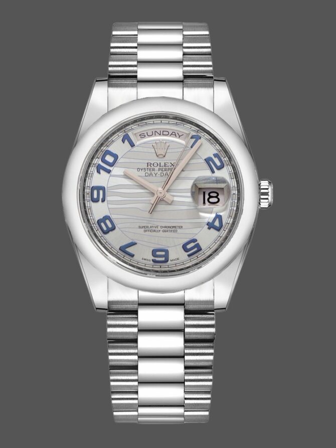 Replica Rolex Day Date 118206 Wave Pattern Ice Blue Dial Arabic Numerals 36mm Unisex Watch