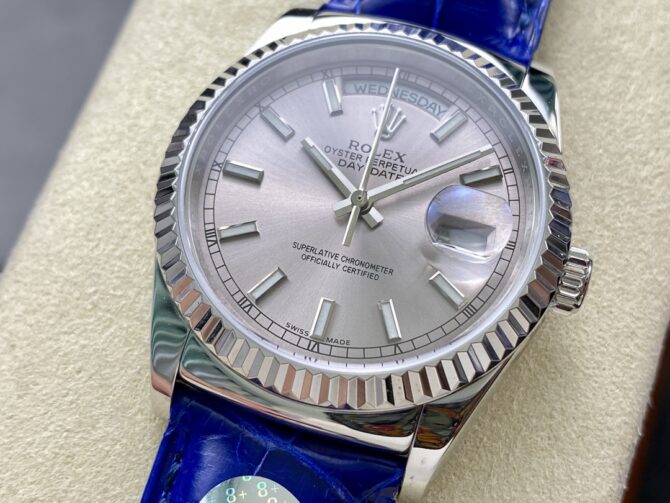 Replica Rolex Day Date 36 White Gold Silver Dial 118139 0097 Blue Leather Strap