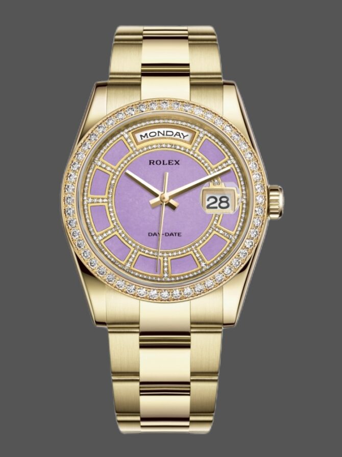 Replica Rolex Day Date 118348 Lavender Jade Carousel Dial Yellow Gold 36mm Unisex Watch