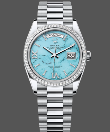 Replica Rolex Day Date 36 Platinum Turquoise Diamond-Set Roman Dial Diamond Bezel m128396tbr 0016