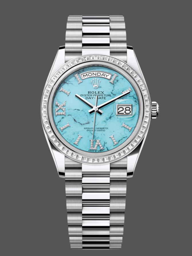Replica Rolex Day Date 36 Platinum Turquoise Diamond-Set Roman Dial Diamond Bezel m128396tbr 0016