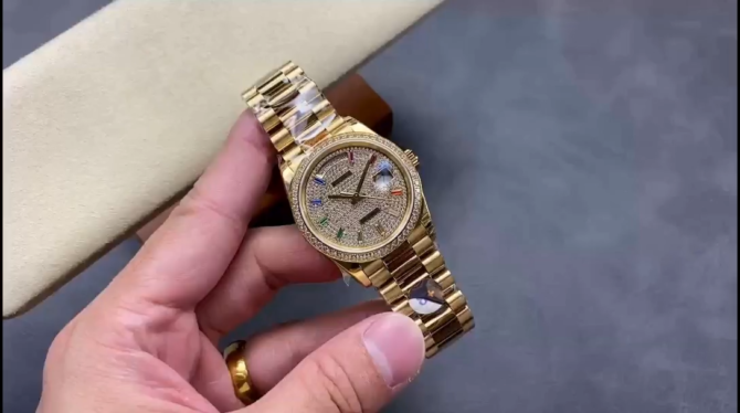 Replica Rolex Day Date 36mm Yellow Gold 128348RBR 0030 Pave Rainbow Diamonds Sapphires Dial