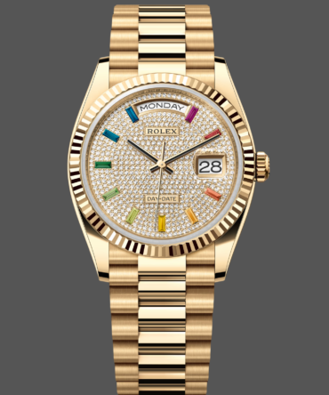 Replica Rolex Day Date 36mm Yellow Gold 128238 0051 Pave Rainbow Diamond Dial Fluted Bezel