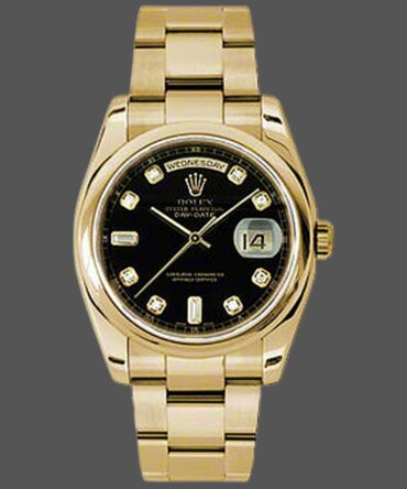 Rolex Day-Date 118208 Black Diamond Dial Yellow Gold 36mm Unisex Replica Watch