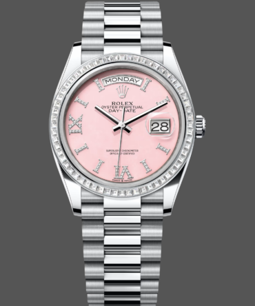 Replica Rolex Day Date 36 Platinum Pink Opal Diamond-Set Roman Dial Diamond Bezel m128396tbr 0009