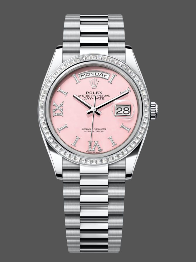 Replica Rolex Day Date 36 Platinum Pink Opal Diamond-Set Roman Dial Diamond Bezel m128396tbr 0009