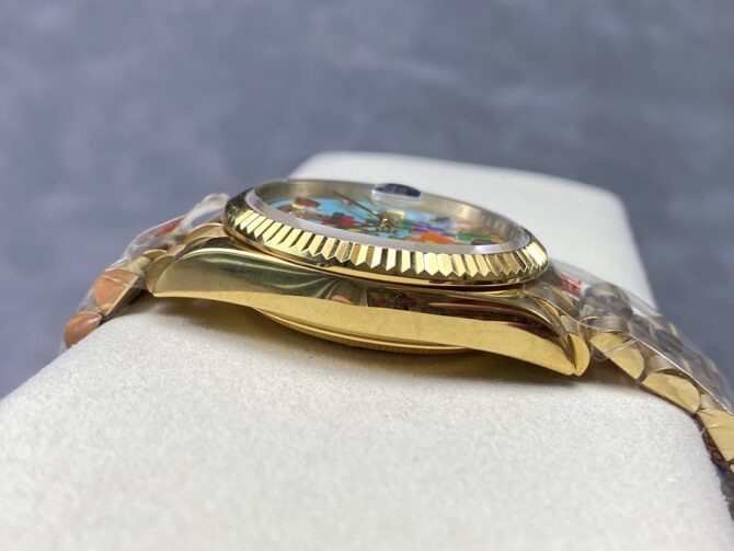 Replica Rolex Day Date 128238-0106 36mm Yellow Gold Fluted Bezel Emoji Puzzle Dial