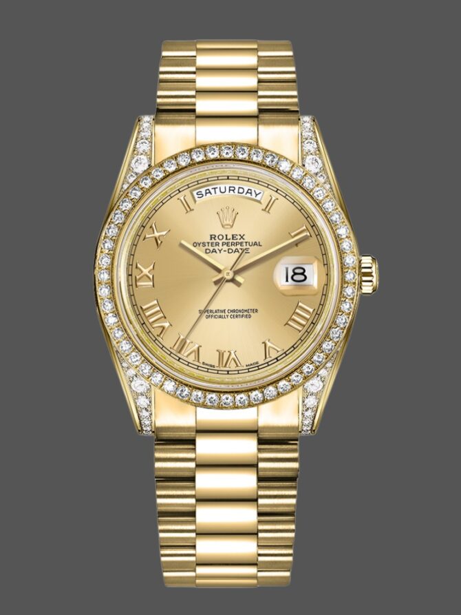 Replica Rolex Day-Date 118388 Yellow Gold Green Index Dial 36MM Unisex Watch