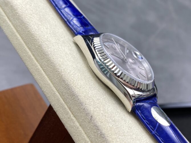 Replica Rolex Day Date 36 White Gold Silver Dial 118139 0097 Blue Leather Strap