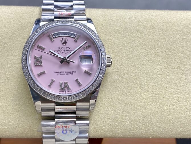 Replica Rolex Day Date 36 Platinum Pink Opal Diamond-Set Roman Dial Diamond Bezel m128396tbr 0009
