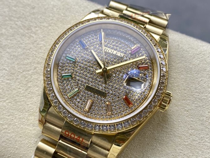 Replica Rolex Day Date 36mm Yellow Gold 128348RBR 0030 Pave Rainbow Diamonds Sapphires Dial