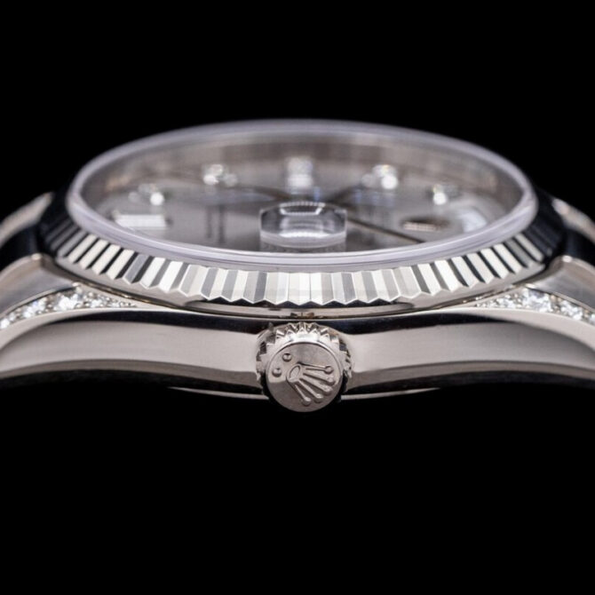 Replica Rolex Day Date 118339 White Gold Silver Dial Fluted Bezel 36mm Unisex Watch