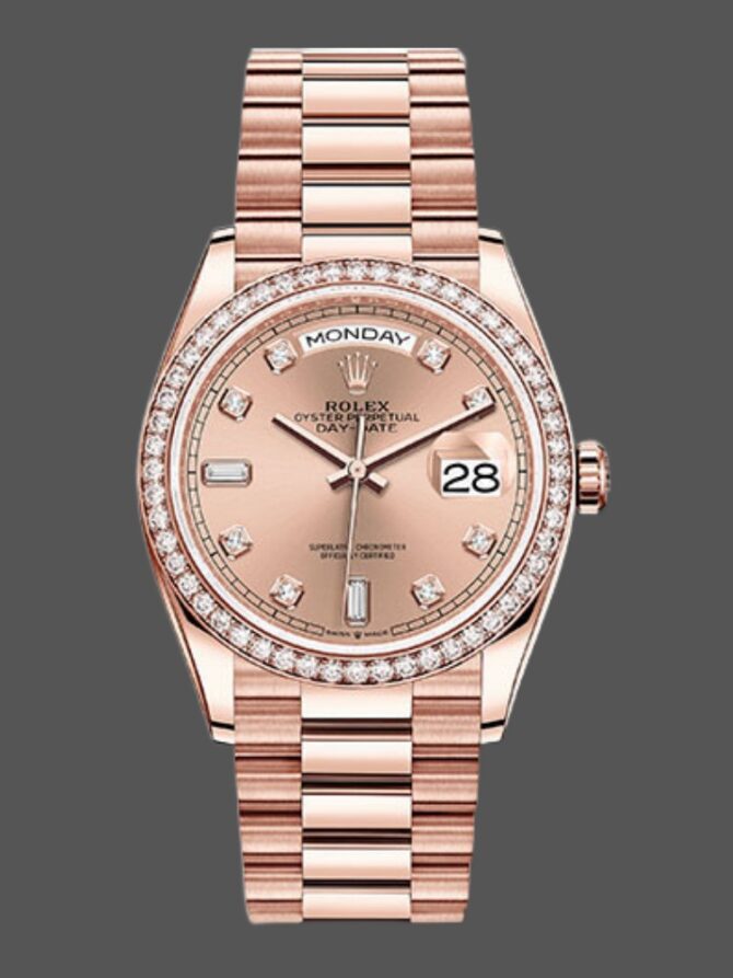 Replica Rolex Day-Date 128345RBR Champagne Rose Dial Everose Gold 36MM Unisex Watch