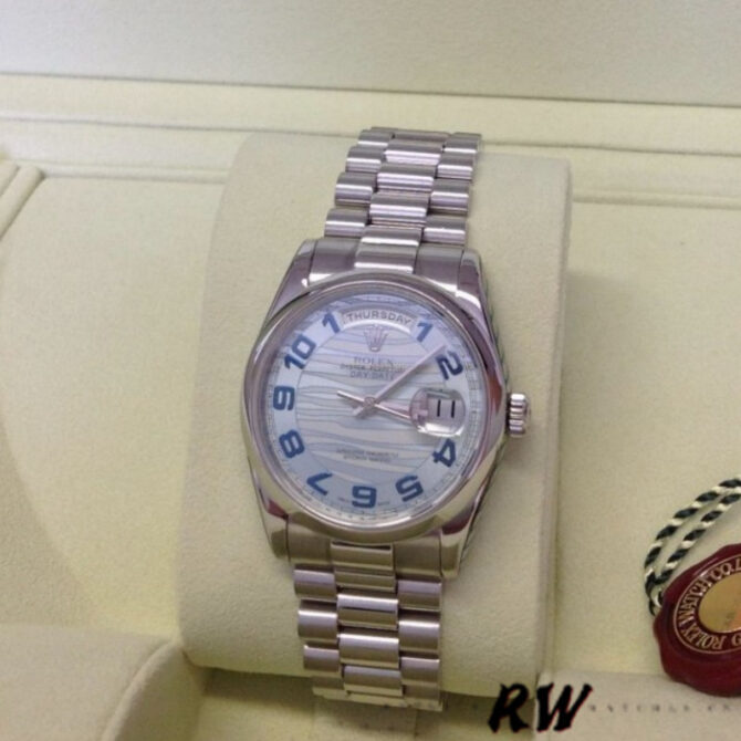 Replica Rolex Day Date 118206 Wave Pattern Ice Blue Dial Arabic Numerals 36mm Unisex Watch