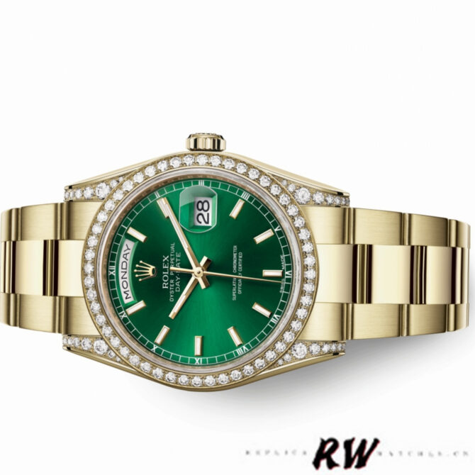 Replica Rolex Day-Date 118388 Yellow Gold Green Index Dial 36MM Unisex Watch