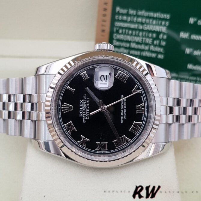 776234 Stainless Steel Fluted Bezel Black Roman Dial 36mm Mens Replica Watch