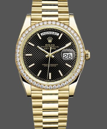 Replica Rolex Day-Date 228348RBR Black Diagonal Motif Dial Diamond Bezel 40mm Mens Watch