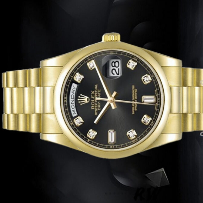 Replica Rolex Day-Date 118208 Black Diamond Dial 36mm Unisex Watch