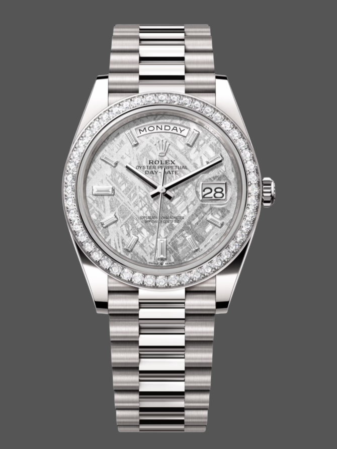 Replica Rolex Day-Date 228349RBR Meteorite Dial Diamond Bezel 40mm Mens Watch