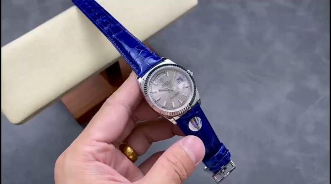 Replica Rolex Day Date 36 White Gold Silver Dial 118139 0097 Blue Leather Strap