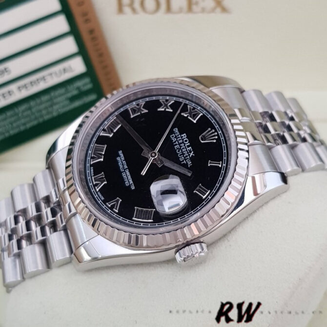 776234 Stainless Steel Fluted Bezel Black Roman Dial 36mm Mens Replica Watch