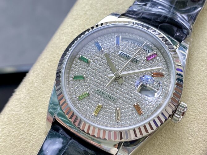 Replica Rolex Day Date 36mm White Gold 128349RBR 0006 Pave Rainbow