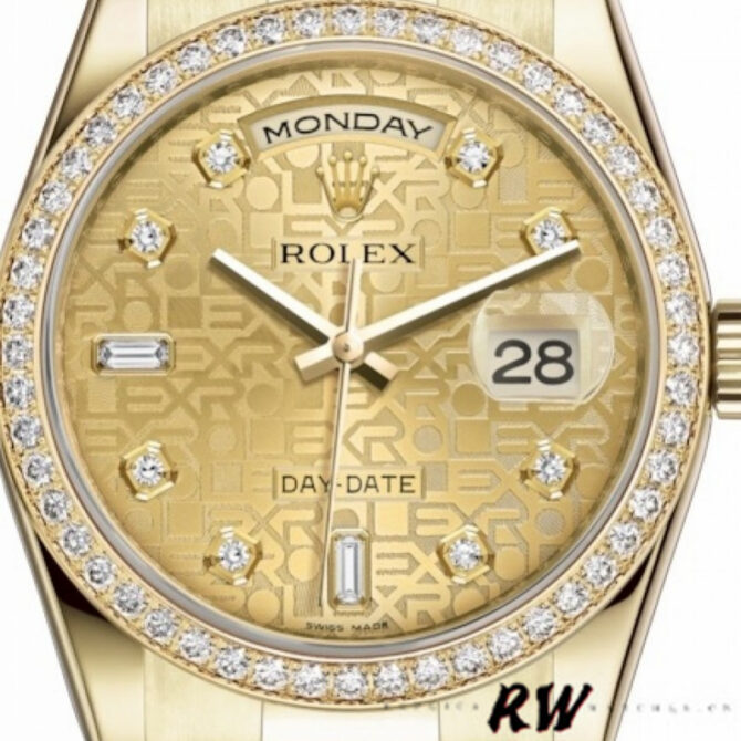Replica Rolex Day Date 118348 Champagne Jubilee Diamond Dial Yellow Gold 36mm Unisex Watch