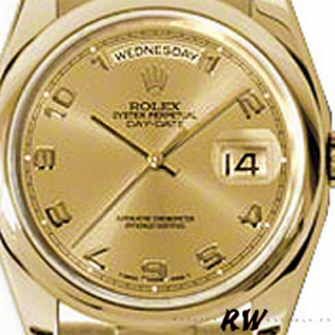 Replica Rolex Day-Date 118208 champagne dial Arabic Numeral Hour Markers yellow gold 36mm Unisex Watch