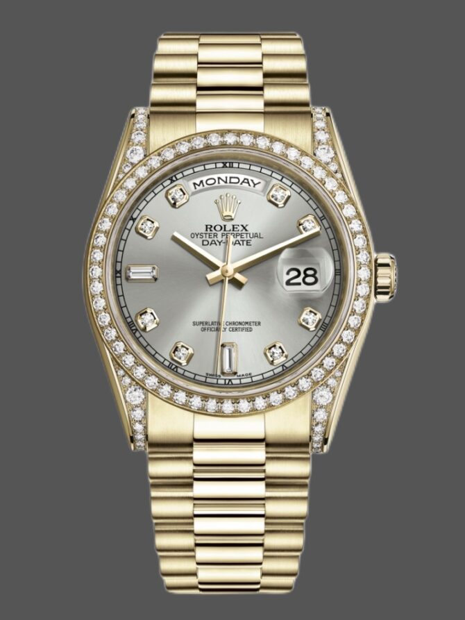 Replica Rolex Day-Date 118388 Yellow Gold Green Index Dial 36MM Unisex Watch