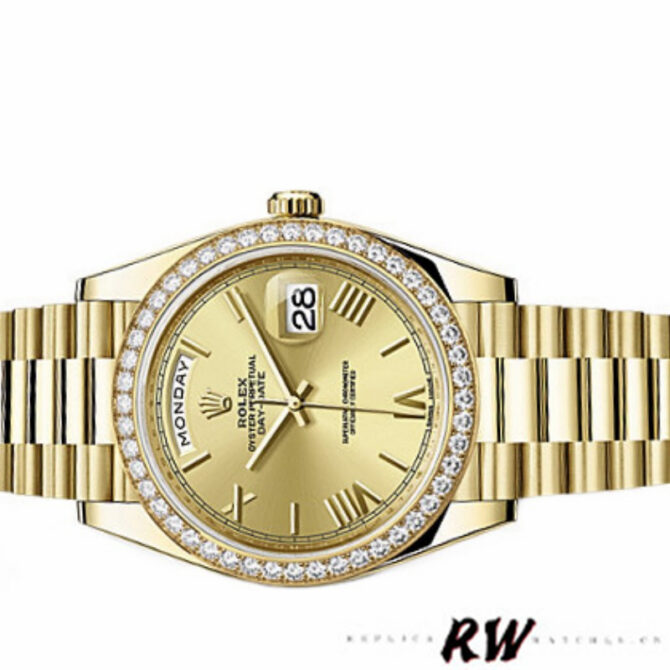 Replica Rolex Day-Date 228348RBR Champagne Roman Dial Diamond Bezel 40mm Mens Watch
