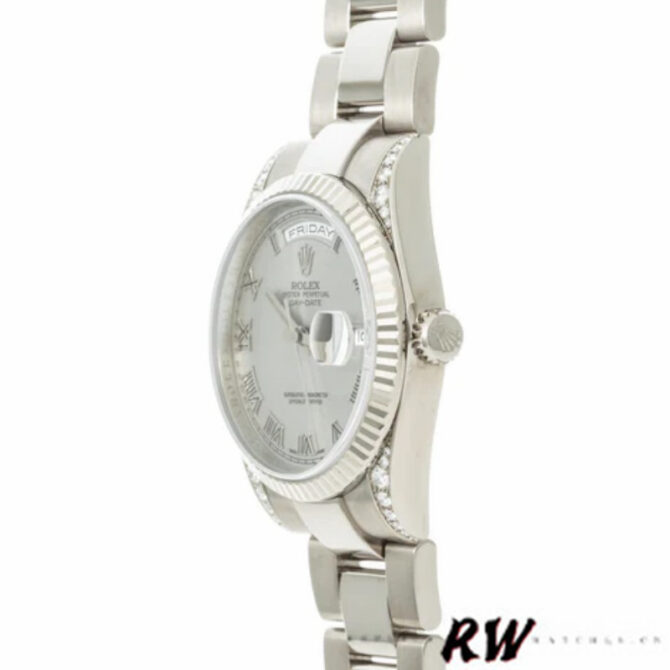 Replica Rolex Day Date 118339 White Gold white Dial Fluted Bezel 36mm Unisex Watch