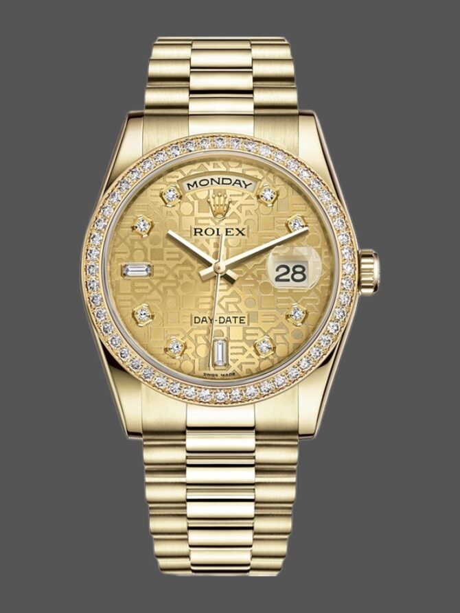 Replica Rolex Day Date 118348 Champagne Jubilee Diamond Dial Yellow Gold 36mm Unisex Watch