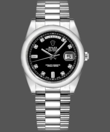 Replica Rolex Day Date 118206 Platinum Black Diamond Dial 36mm Unisex Watch